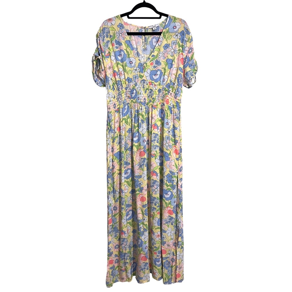 Bar III Yellow Floral Maxi‎ Dress V-Neck Smocked Waist Short Sleeve Women's XXL